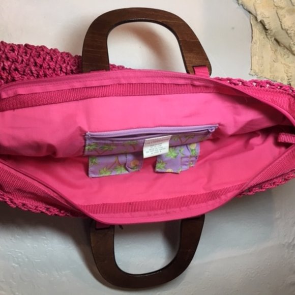 Liz Claiborne Pink Corn Husk Weave Wooden Handle Handbag Tote Large - Picture 6 of 12